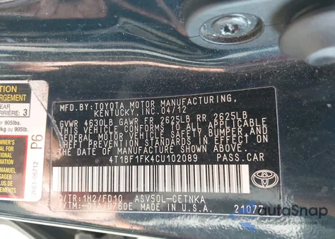 2012 Toyota Camry Le из США, поврежденный, VIN 4T1BF1FK4CU102089